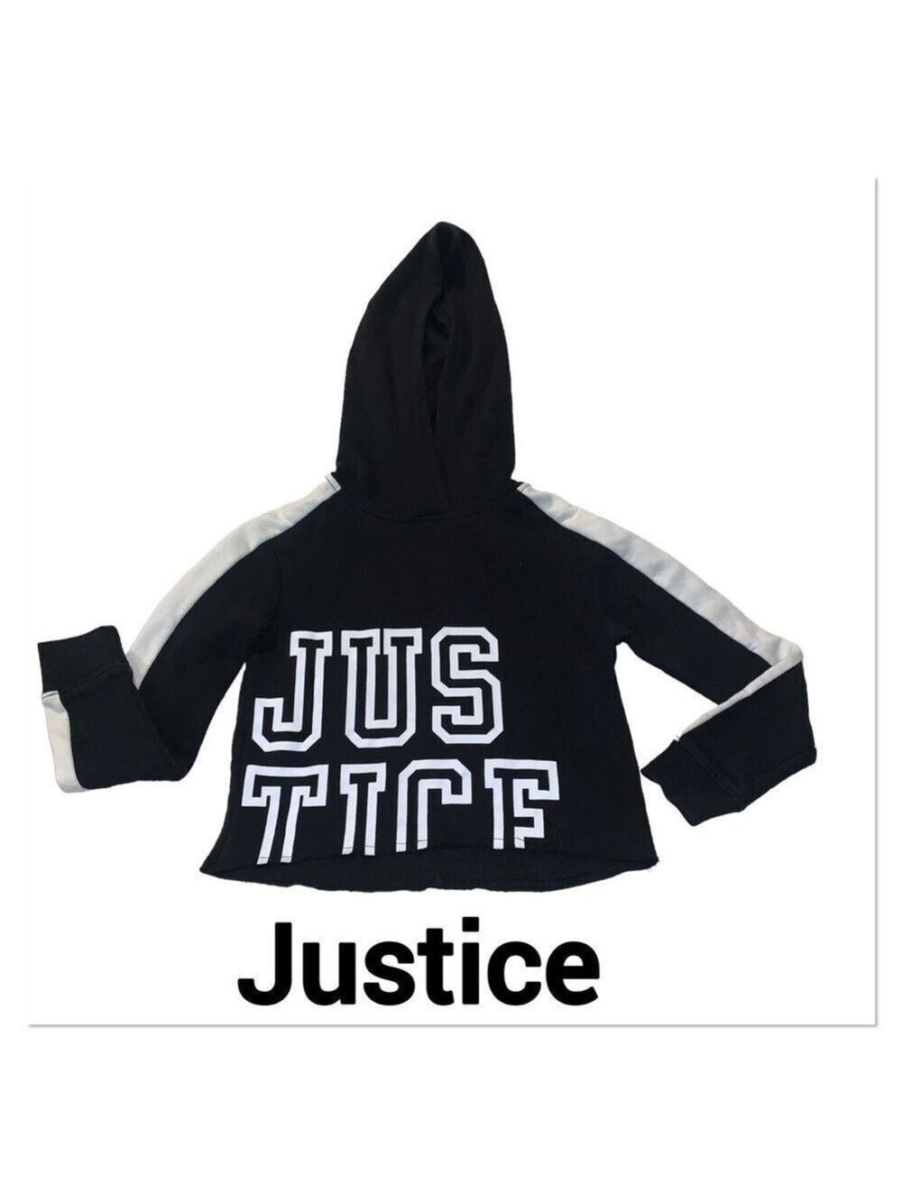 JUSTICE Black & White Logo Cropped Hoodie size 7